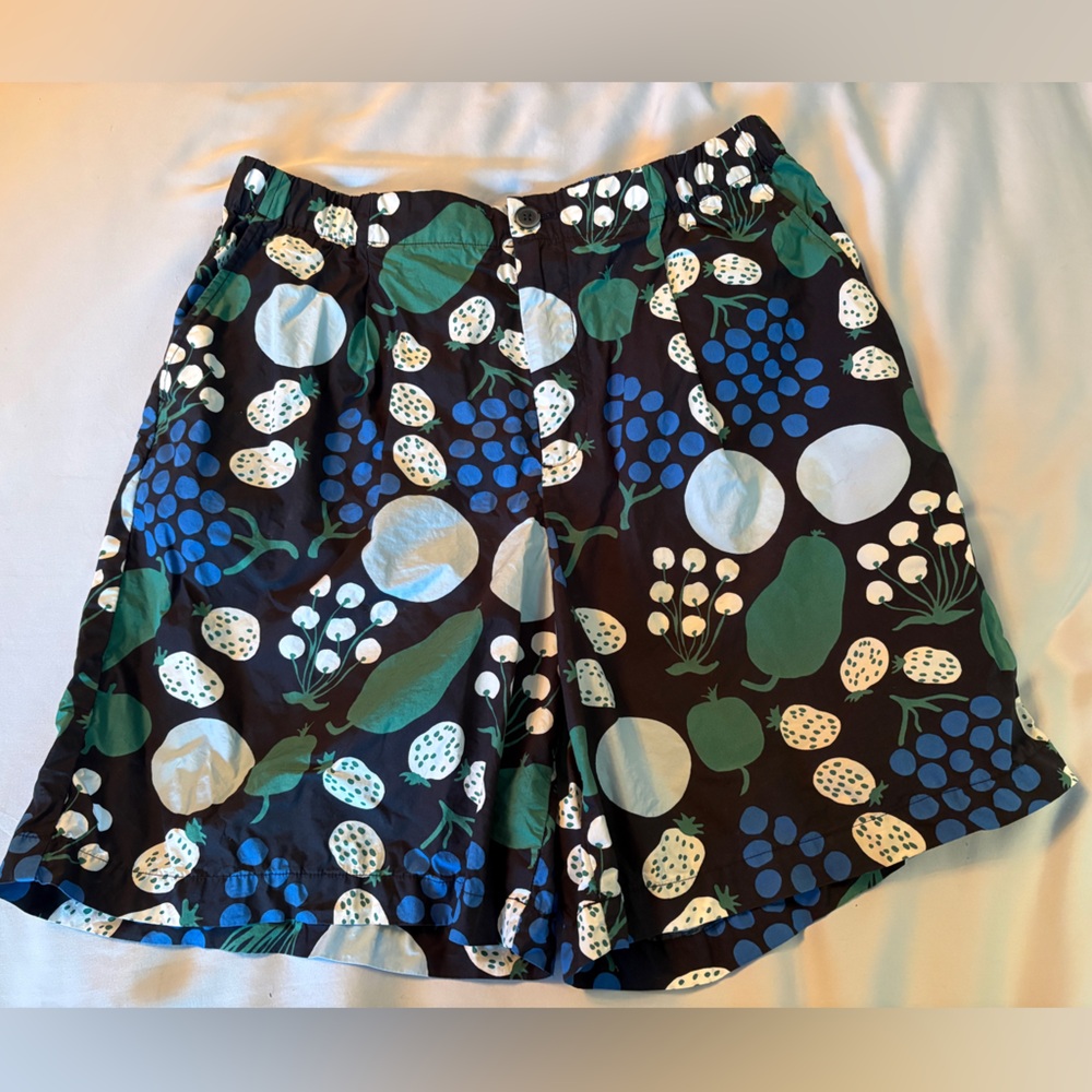 Marimekko Black Floral Print Women's Shorts with Blue and Green Accents